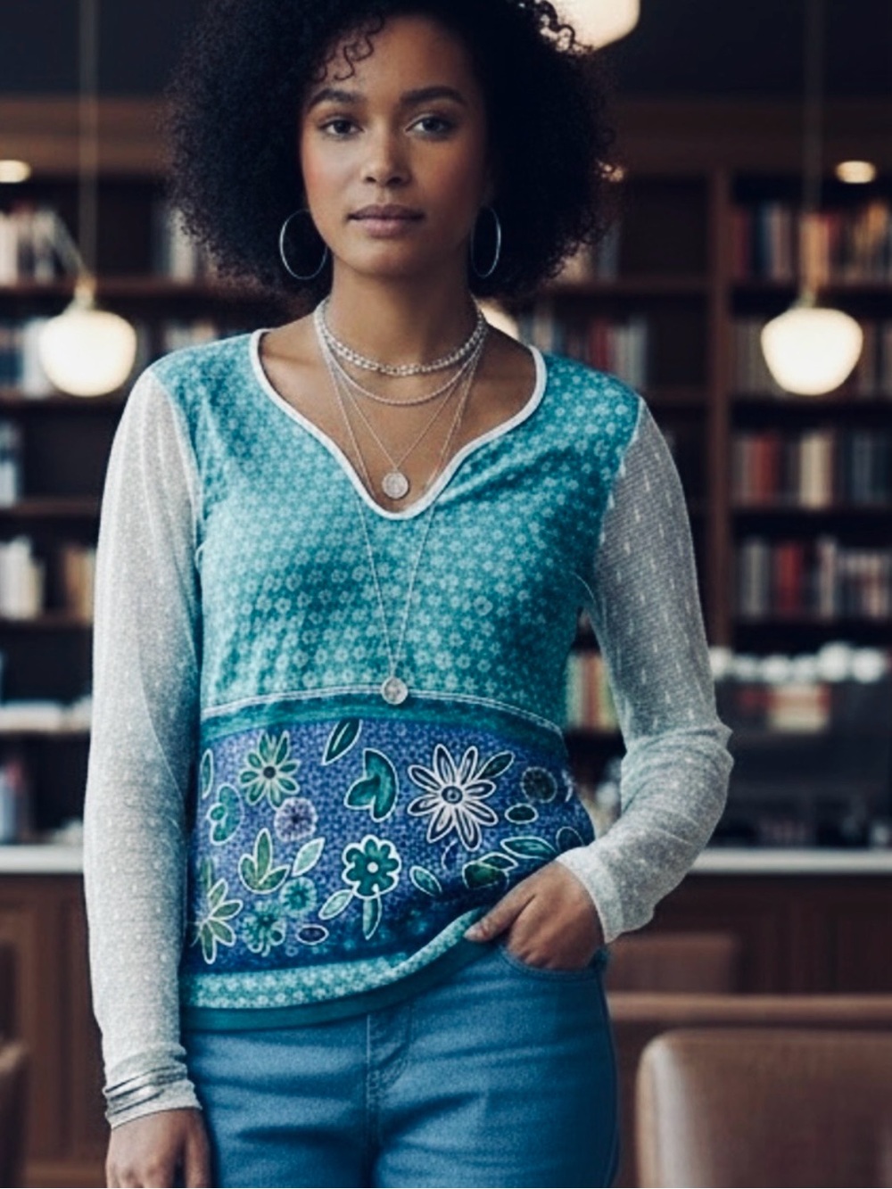 3/$20 Moda International Boho Print Lace Sleeve Top Y2K